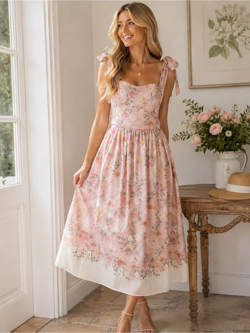 Here Comes the Sun Pink Floral Midi Dress | Bow Strap Cottagecore Dress